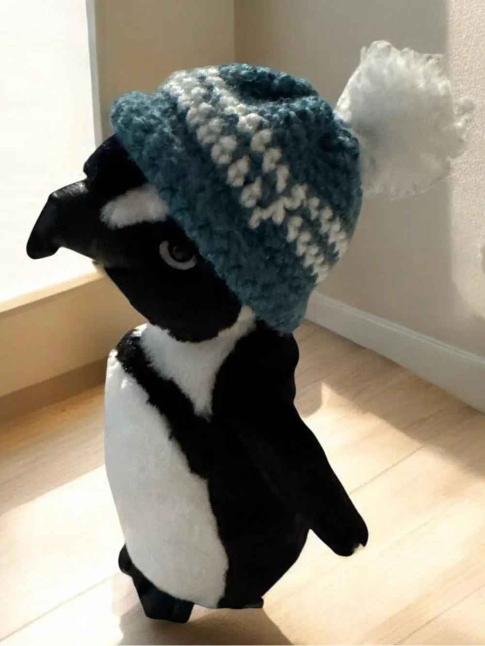 Plush Penguin Toy with Teal Knit Hat - Soft Black & White Penguin